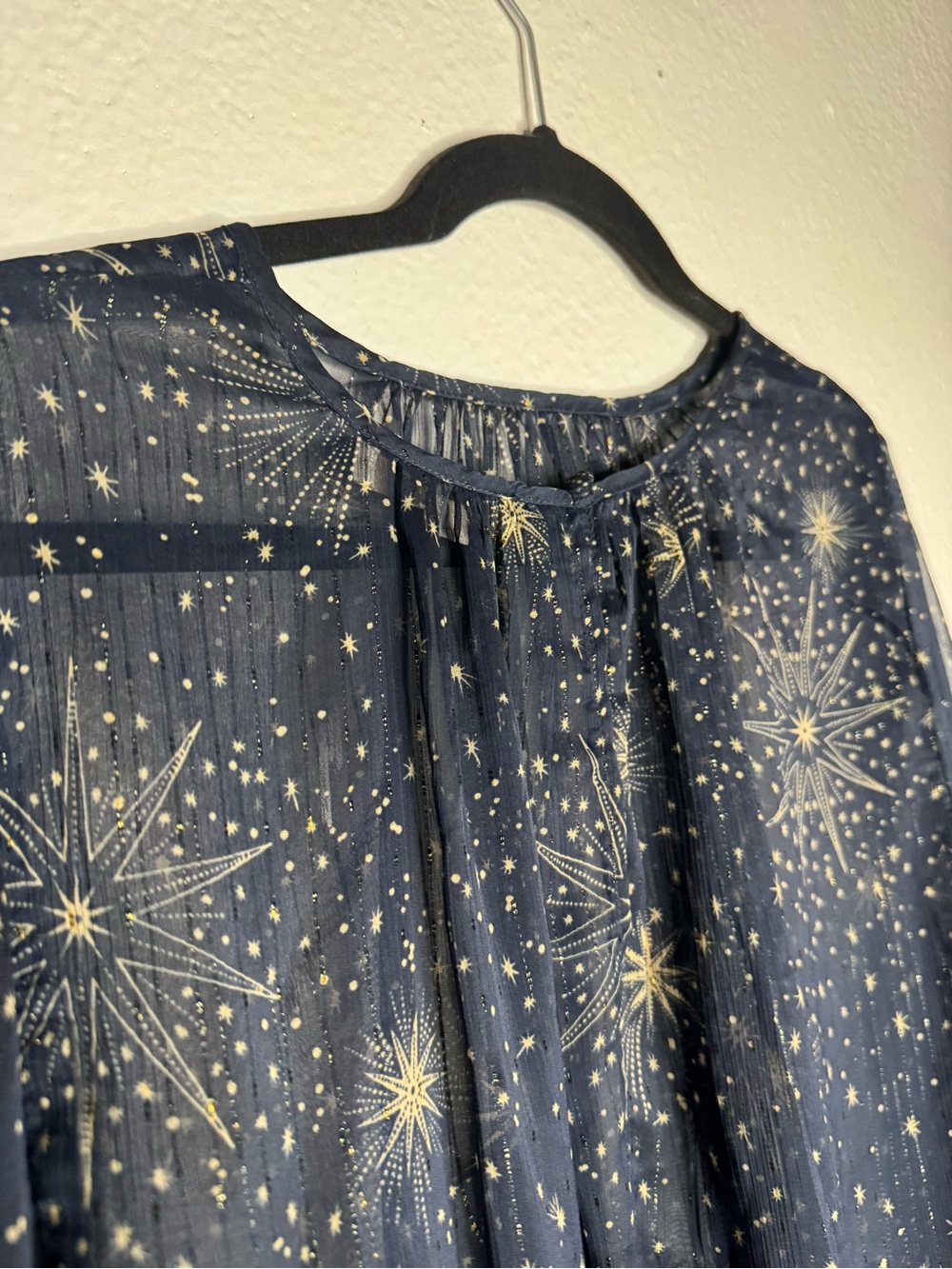 LOFT Celestial Shimmer Ruffle Peplum Blouse Navy Blue Sheer Star Print Sz XL - Picture 7 of 10